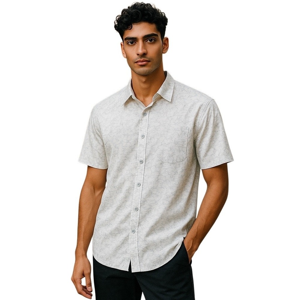 BODHI by Kotomori White Grey Abstract Birds Short‎ Sleeve Button Down - M